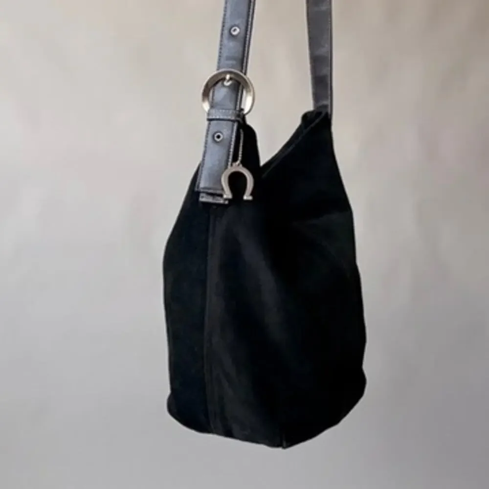 Vintage Faded Glory Genuine Suede Bucket Bag - Black